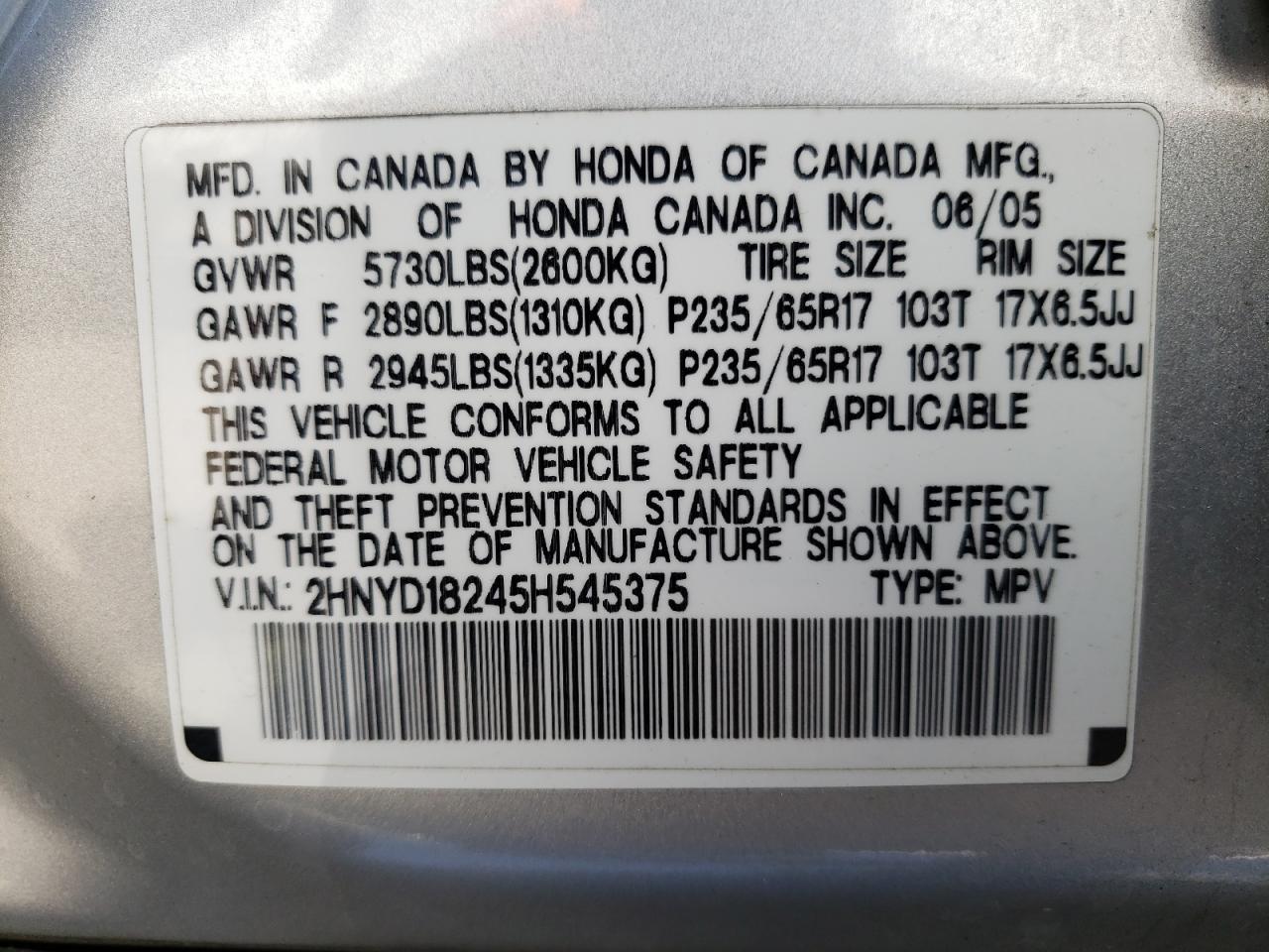 Photo 10 from auction – 2005 ACURA MDX with VIN 2HNYD18245H545375