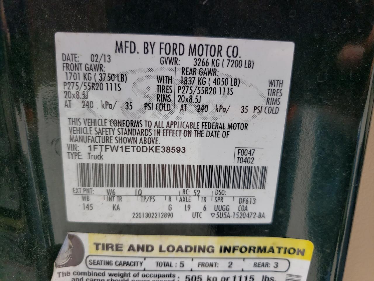 Photo 10 from auction – 2013 FORD F150 SUPER with VIN 1FTFW1ET0DKE38593