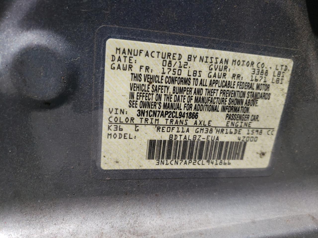 Photo 10 from auction – 2012 NISSAN VERSA S with VIN 3N1CN7AP2CL941866