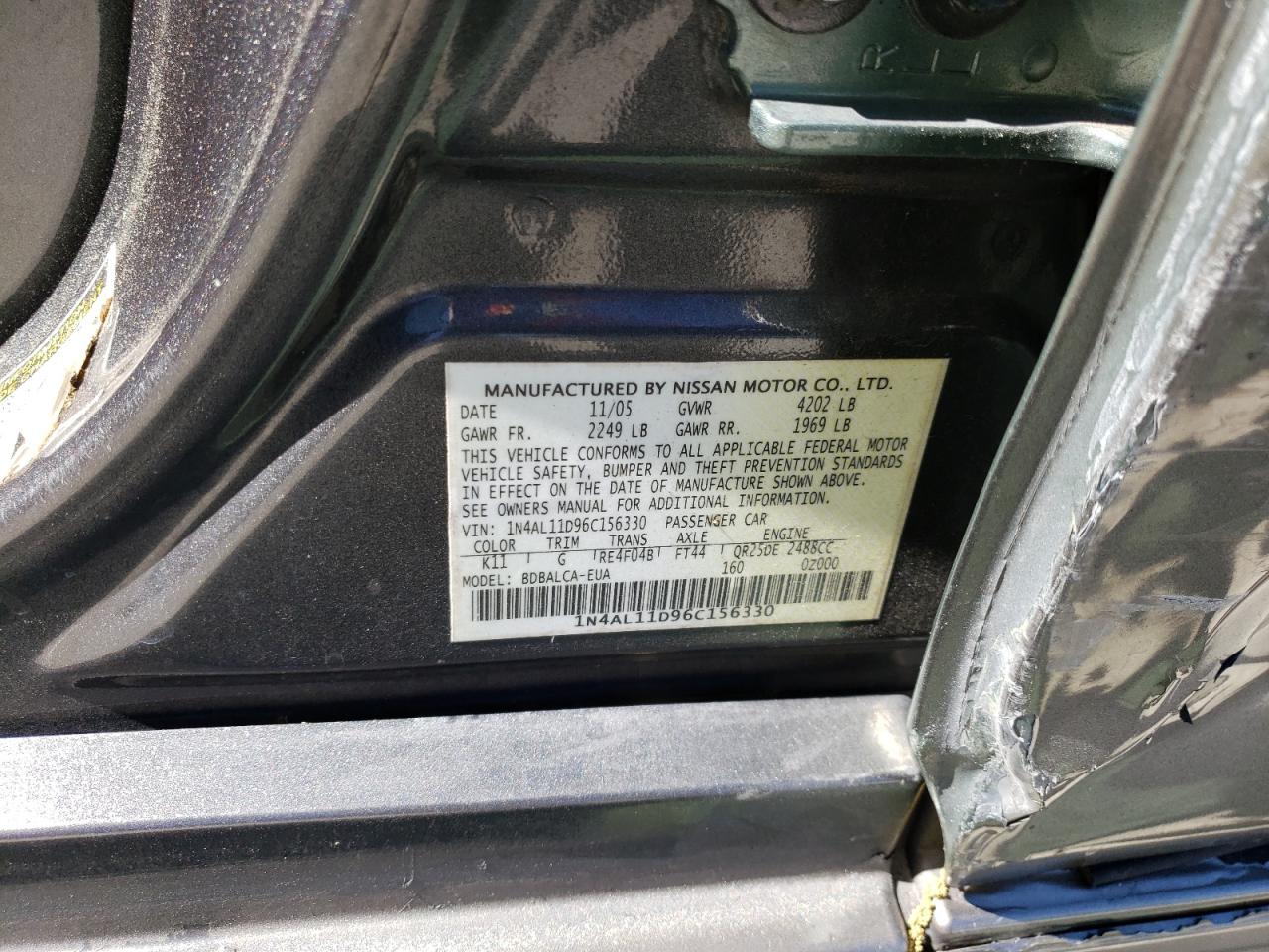 Photo 10 from auction – 2006 NISSAN ALTIMA S with VIN 1N4AL11D96C156330
