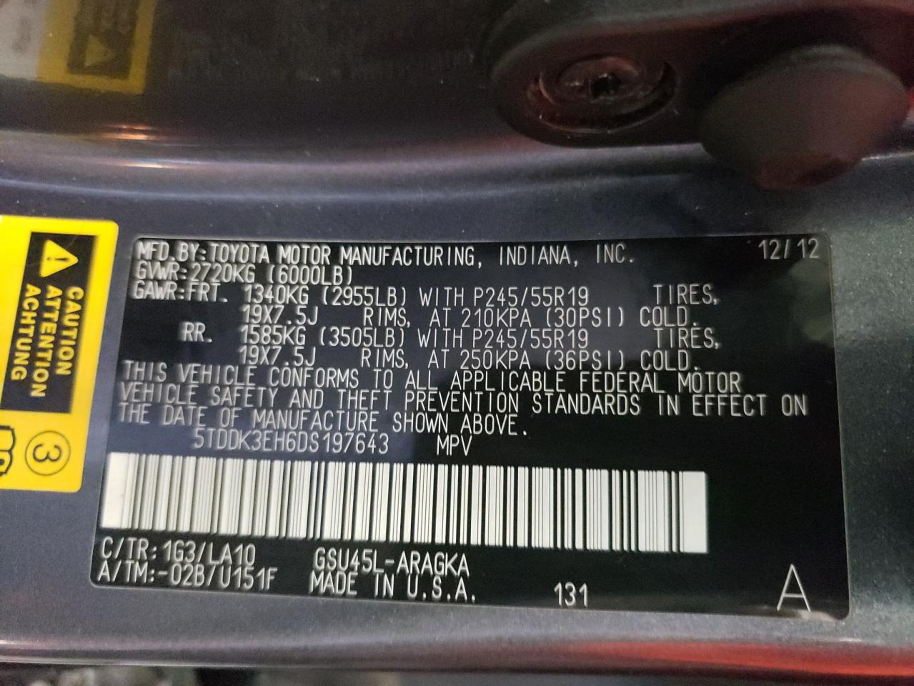 Photo 10 from auction – 2013 TOYOTA HIGHLANDER with VIN 5TDDK3EH6DS197643
