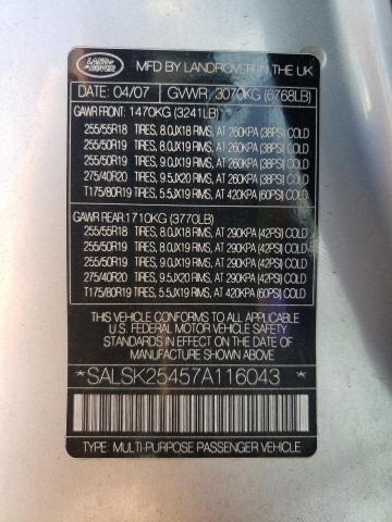 Photo 10 from auction – 2007 LAND ROVER RANGE ROVE with VIN SALSK25457A116043