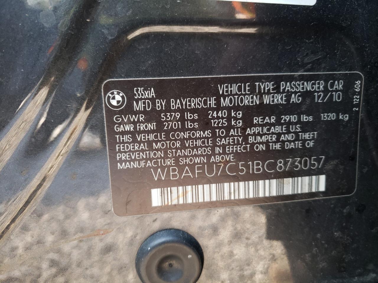 Photo 10 from auction – 2011 BMW 535 XI with VIN WBAFU7C51BC873057