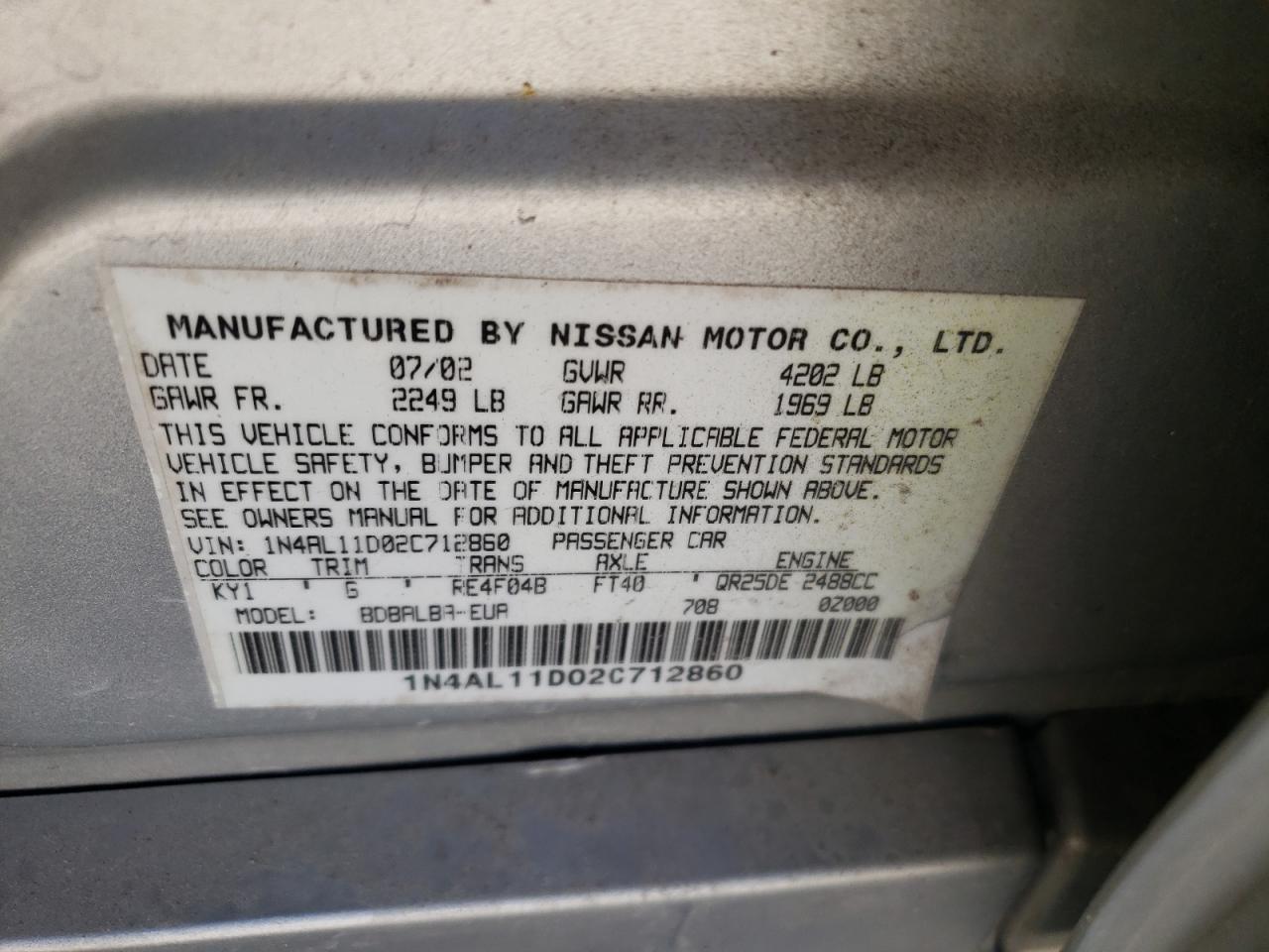 Photo 10 from auction – 2002 NISSAN ALTIMA BAS with VIN 1N4AL11D02C712860
