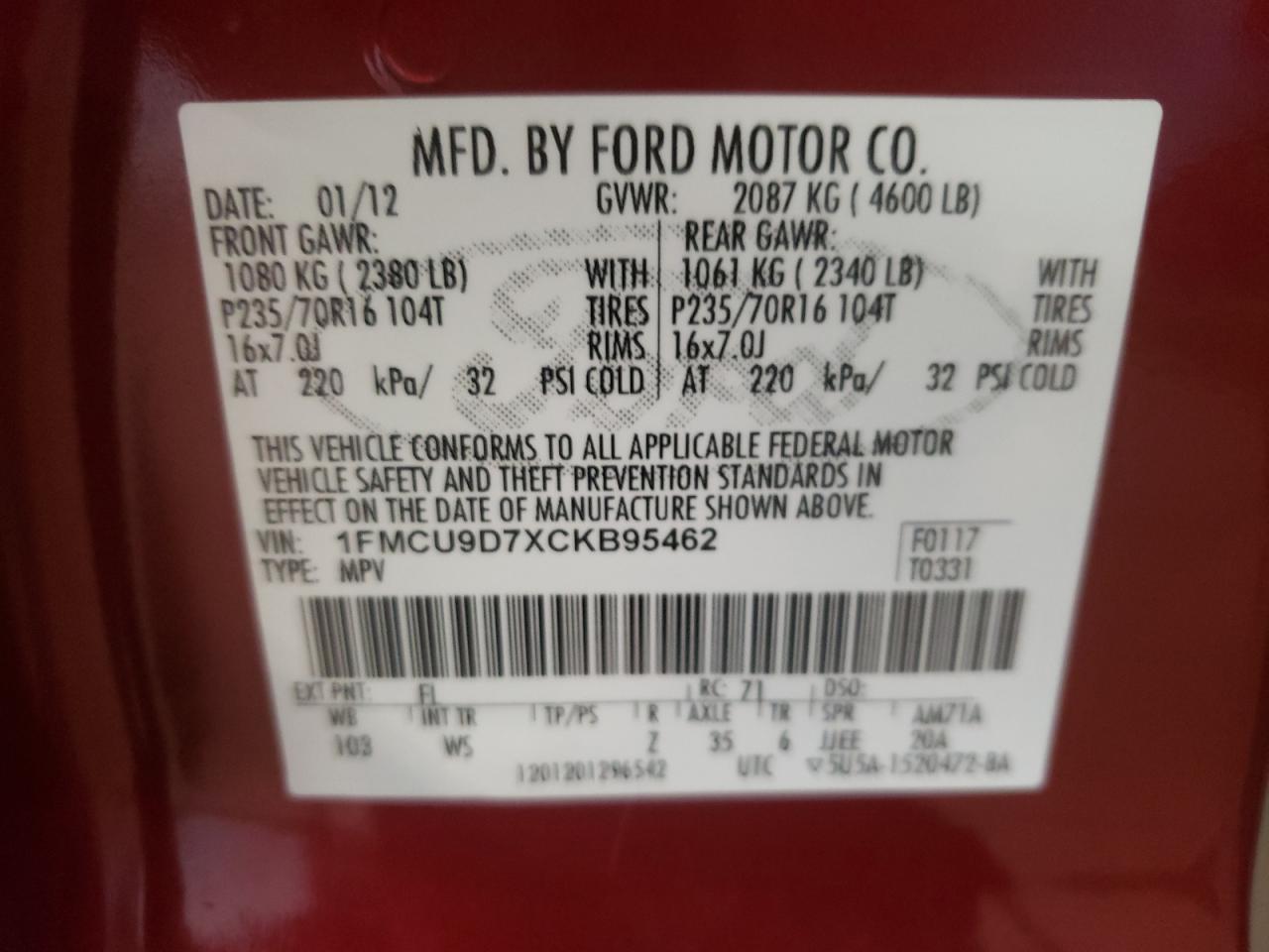 Photo 10 from auction – 2012 FORD ESCAPE XLT with VIN 1FMCU9D7XCKB95462