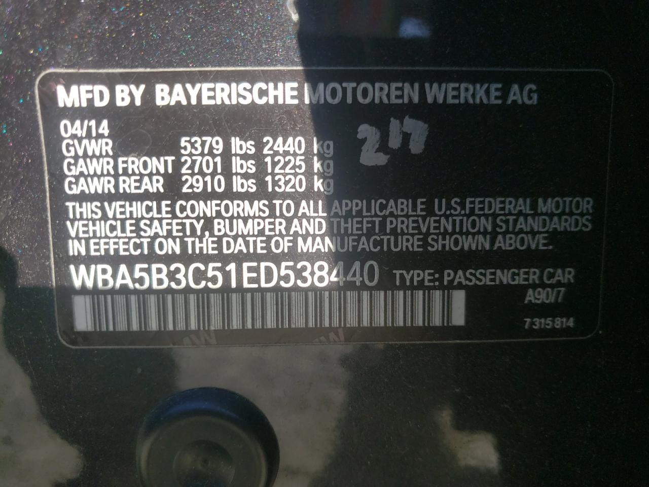Photo 10 from auction – 2014 BMW 535 XI with VIN WBA5B3C51ED538440