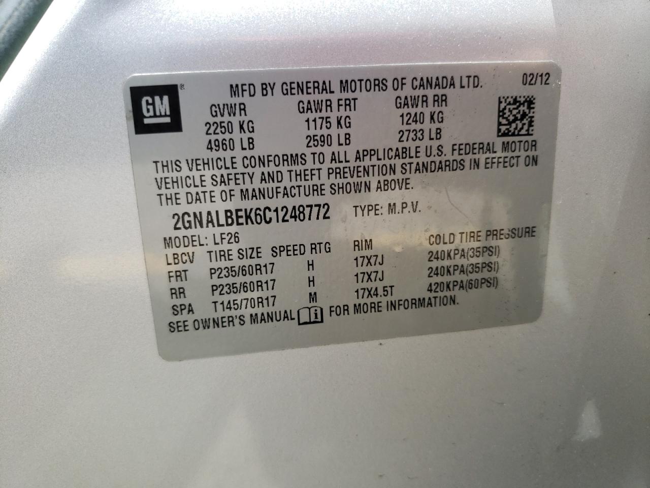 Photo 10 from auction – 2012 CHEVROLET EQUINOX LS with VIN 2GNALBEK6C1248772