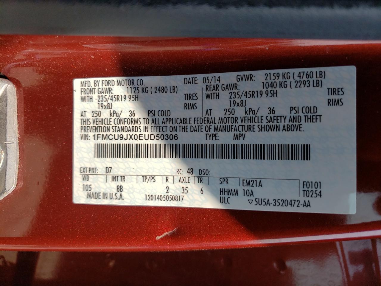 Photo 10 from auction – 2014 FORD ESCAPE TIT with VIN 1FMCU9JX0EUD50306