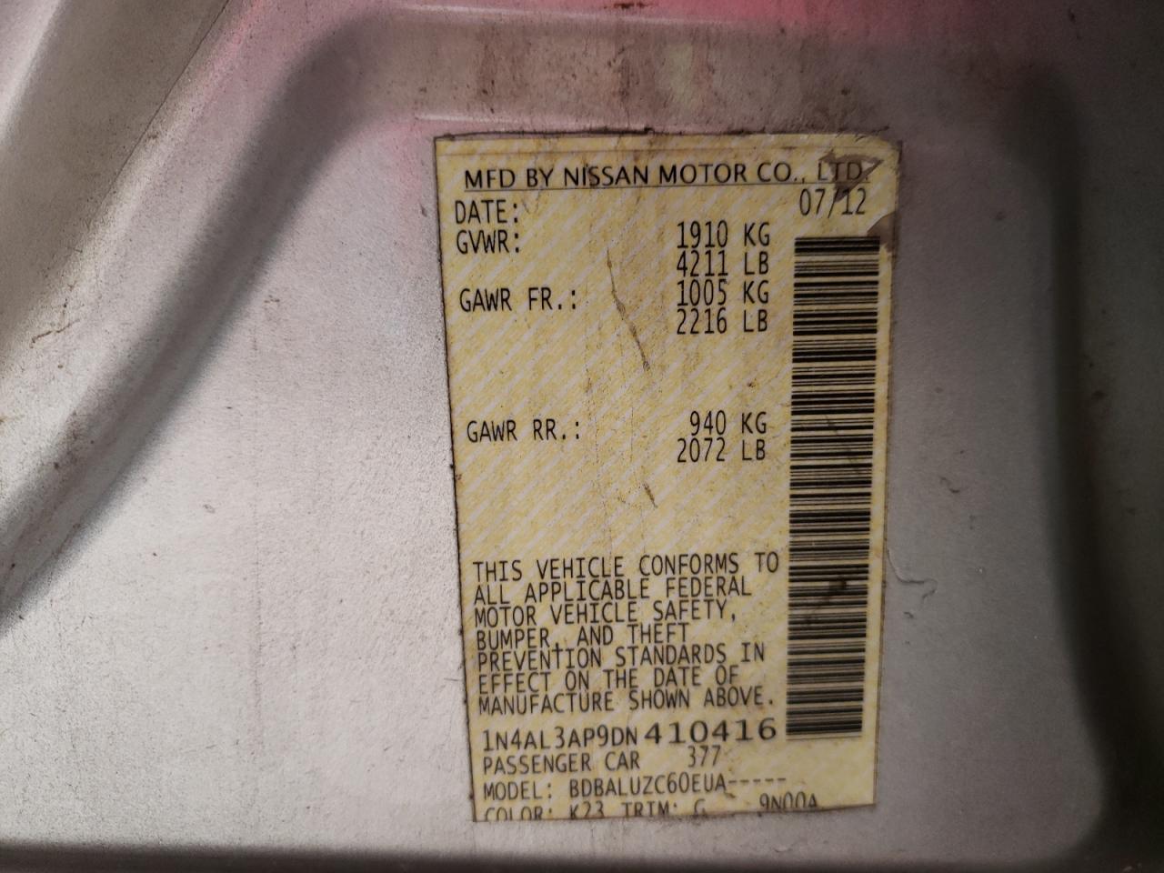 Photo 10 from auction – 2013 NISSAN ALTIMA 2.5 with VIN 1N4AL3AP9DN410416
