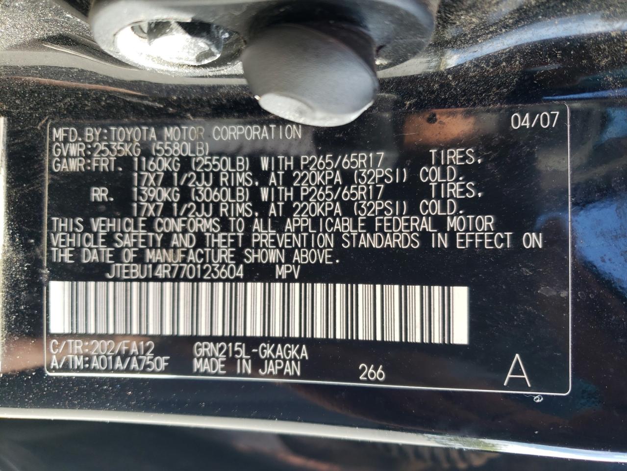 Photo 10 from auction – 2007 TOYOTA 4RUNNER SR with VIN JTEBU14R770123604
