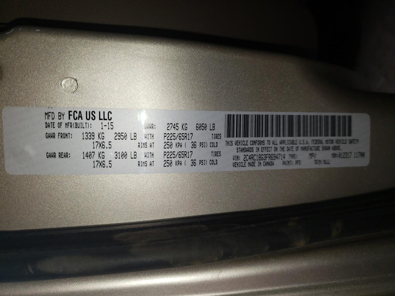 Photo 10 from auction – 2015 CHRYSLER TOWN & COU with VIN 2C4RC1BG3FR694714
