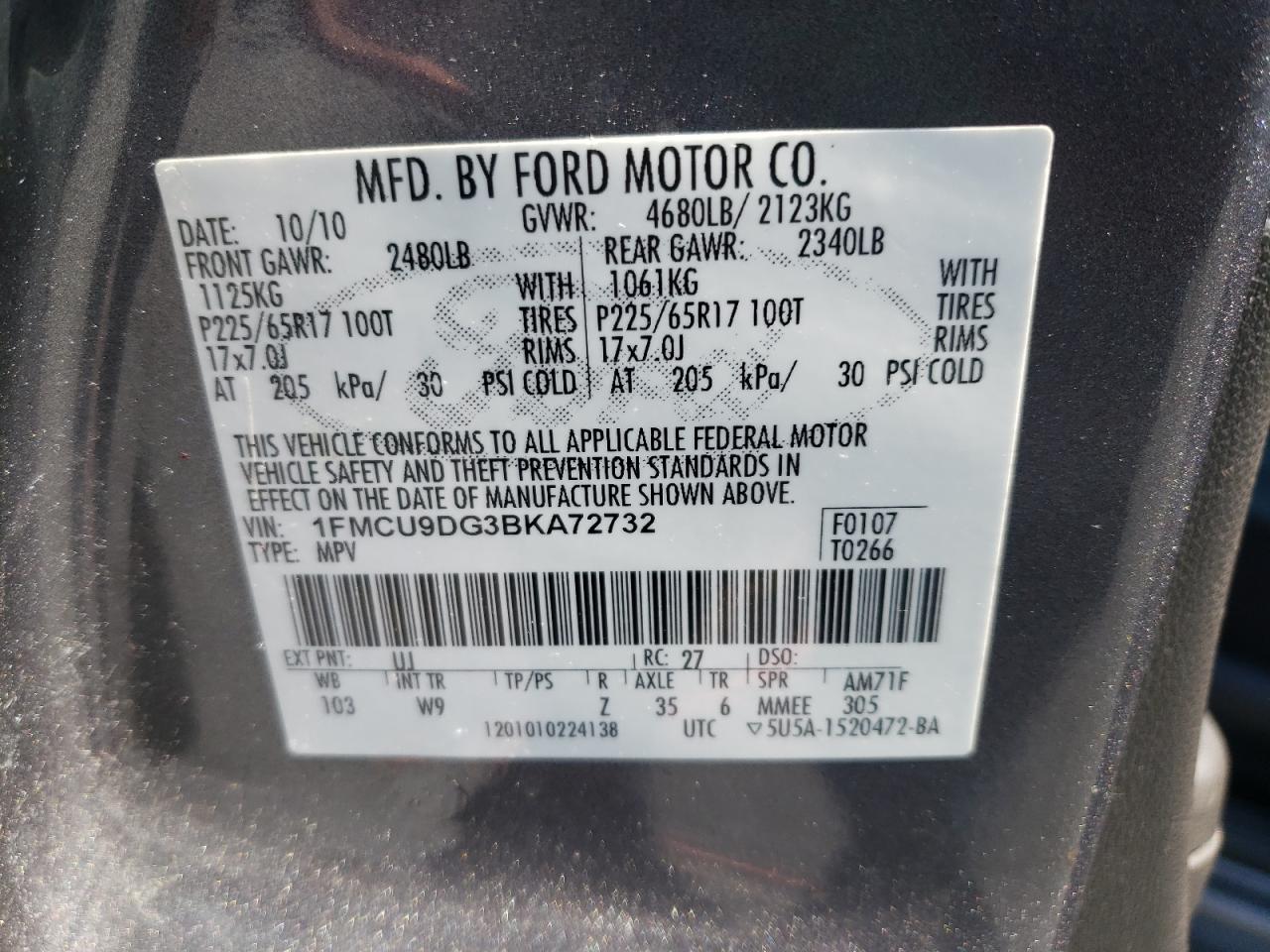 Photo 10 from auction – 2011 FORD ESCAPE XLT with VIN 1FMCU9DG3BKA72732