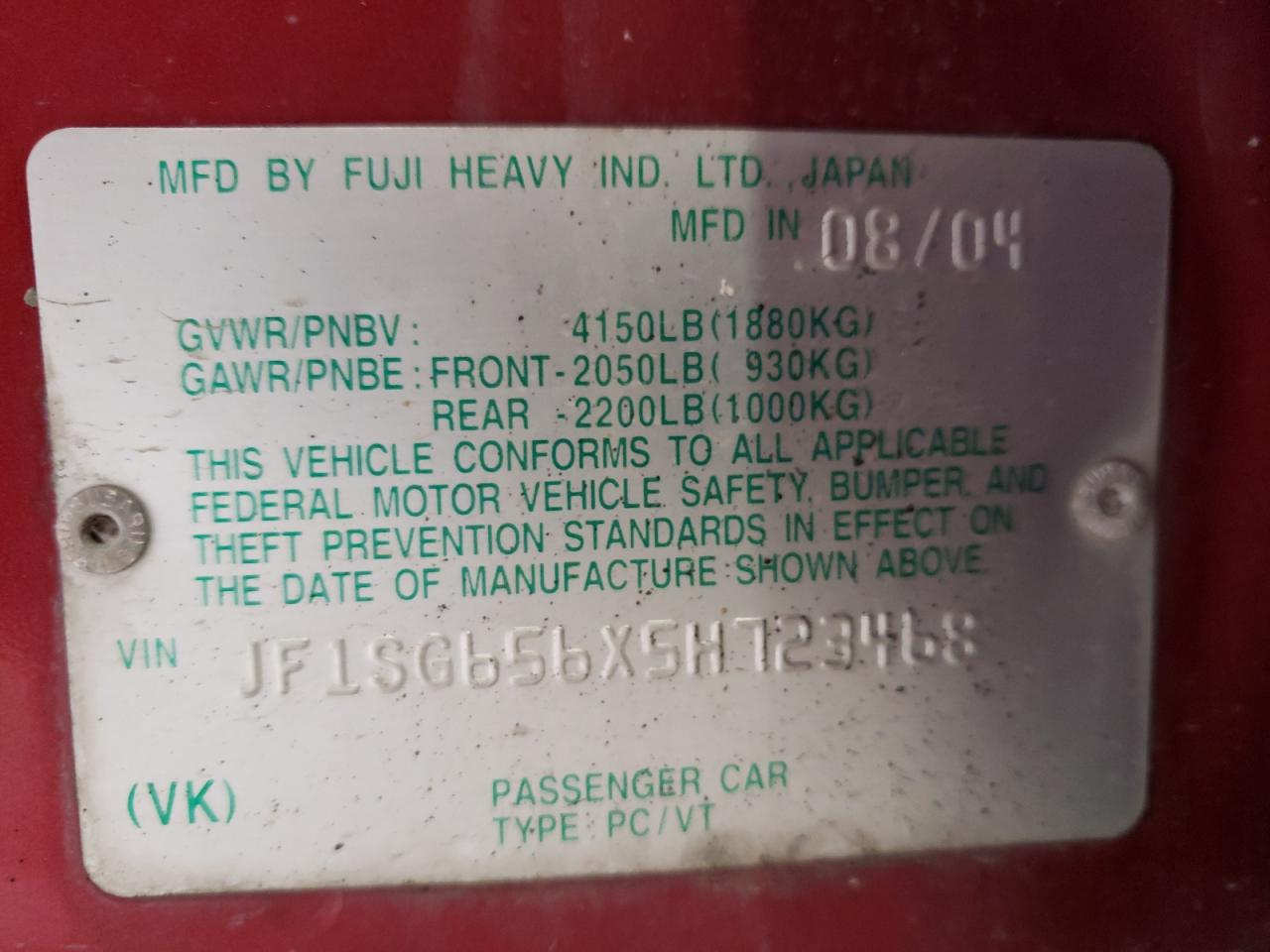 Photo 10 from auction – 2005 SUBARU FORESTER 2 with VIN JF1SG656X5H723468