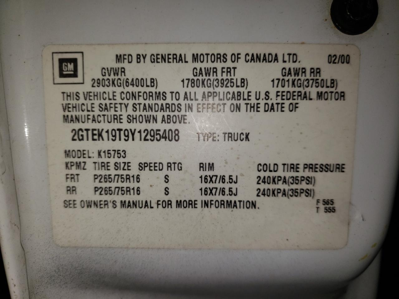Photo 10 from auction – 2000 GMC NEW SIERRA with VIN 2GTEK19T9Y1295408