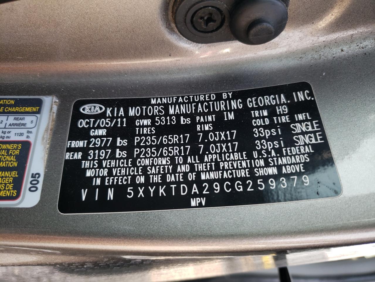 Photo 10 from auction – 2012 KIA SORENTO BA with VIN 5XYKTDA29CG259379