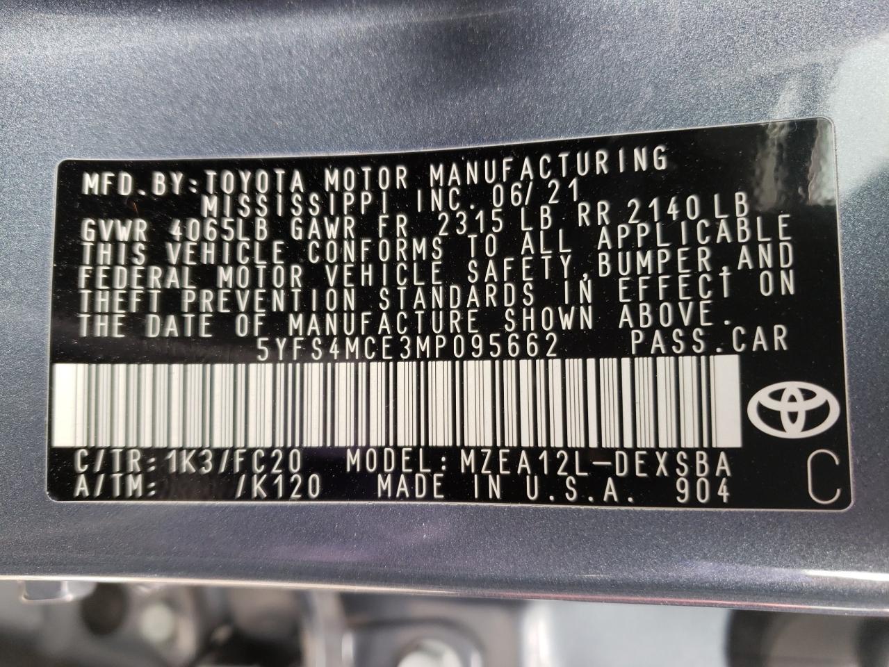 Photo 10 from auction – 2021 TOYOTA COROLLA SE with VIN 5YFS4MCE3MP095662