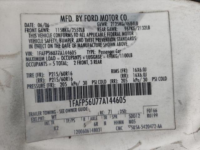Photo 10 from auction – 2007 FORD TAURUS SEL with VIN 1FAFP56U77A144605