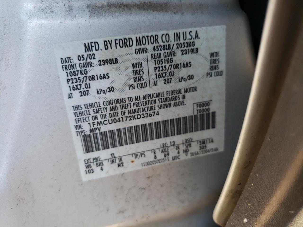 Photo 10 from auction – 2002 FORD ESCAPE with VIN 1FMCU04172KD33674