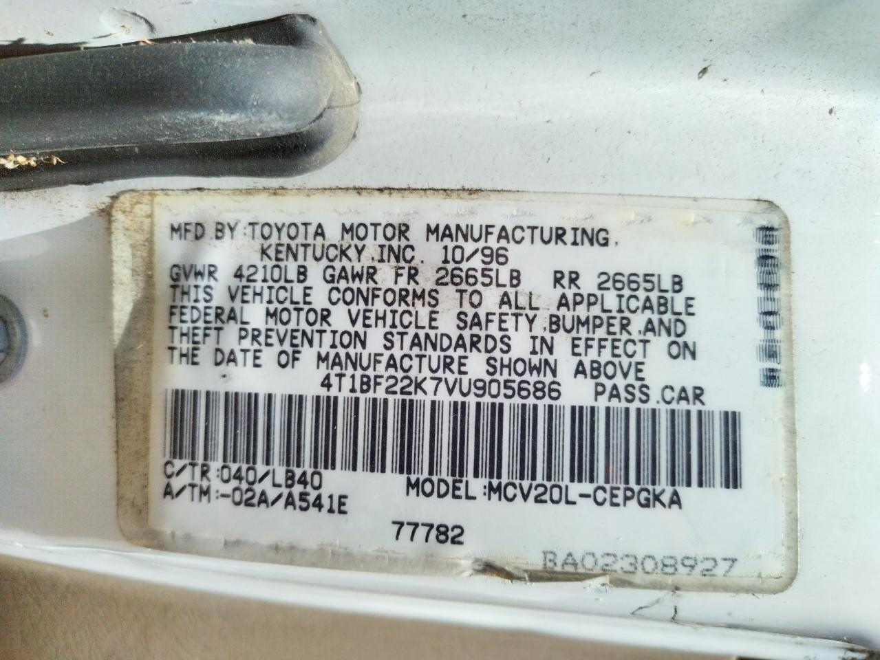 Photo 10 from auction – 1997 TOYOTA CAMRY CE with VIN 4T1BF22K7VU905686