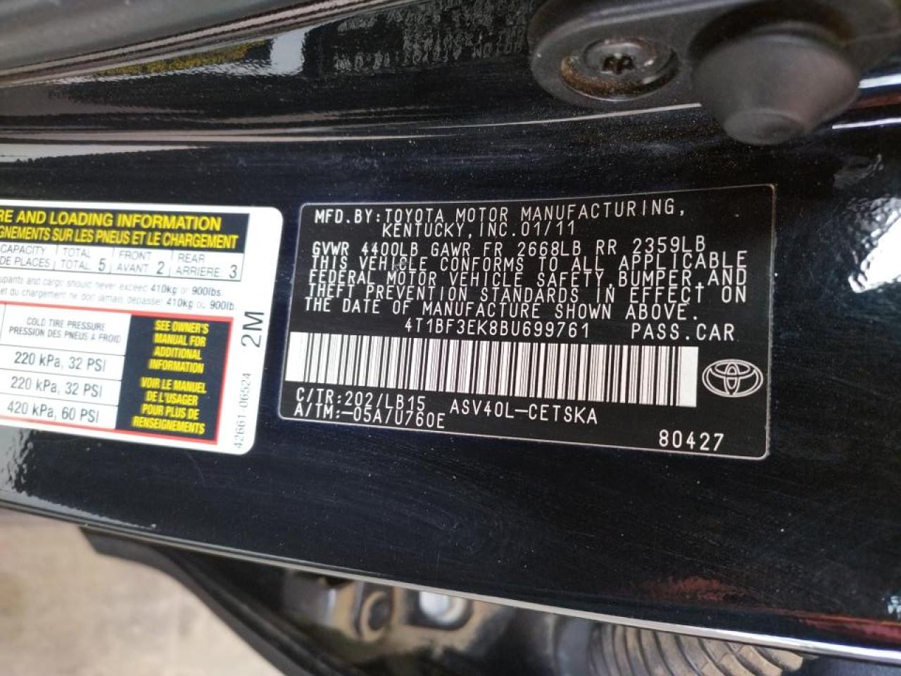 Photo 10 from auction – 2011 TOYOTA CAMRY BASE with VIN 4T1BF3EK8BU699761