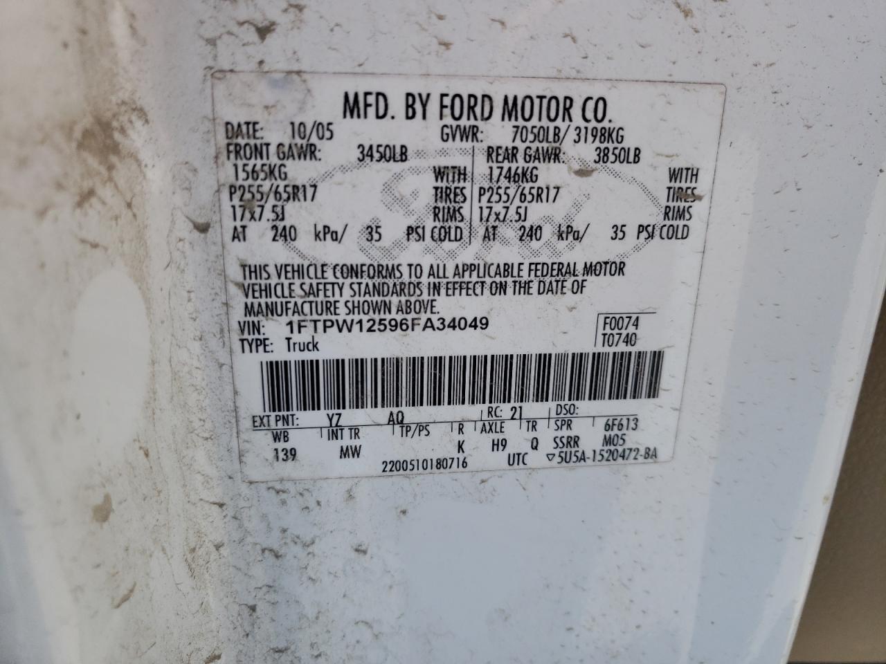 Photo 10 from auction – 2006 FORD F150 with VIN 1FTPW12596FA34049