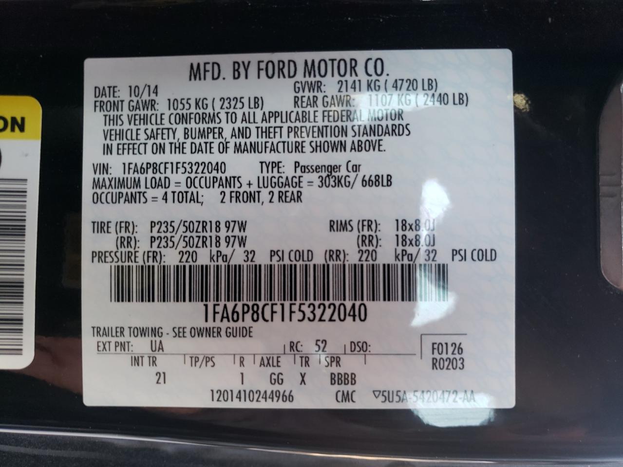Photo 10 from auction – 2015 FORD MUSTANG GT with VIN 1FA6P8CF1F5322040