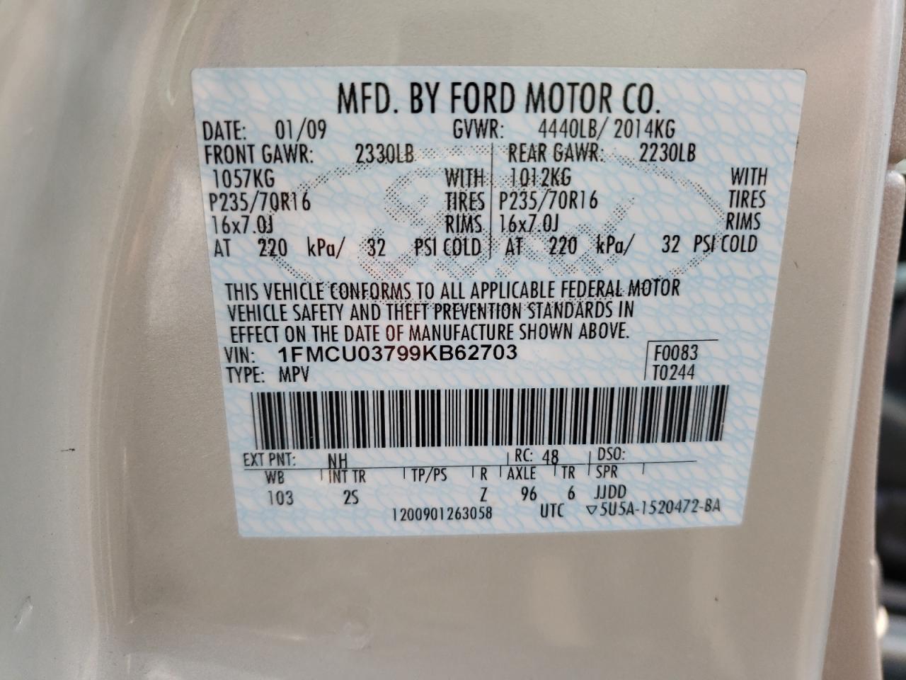 Photo 10 from auction – 2009 FORD ESCAPE XLT with VIN 1FMCU03799KB62703