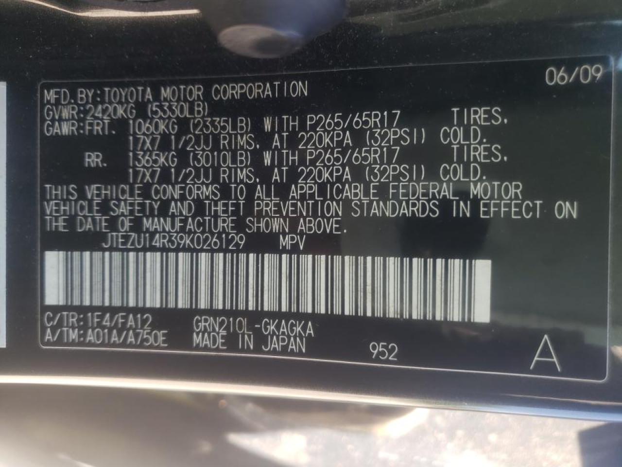 Photo 10 from auction – 2009 TOYOTA 4RUNNER SR with VIN JTEZU14R39K026129