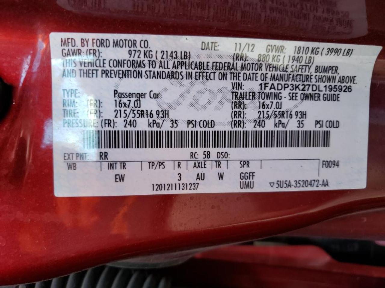 Photo 10 from auction – 2013 FORD FOCUS SE with VIN 1FADP3K27DL195926
