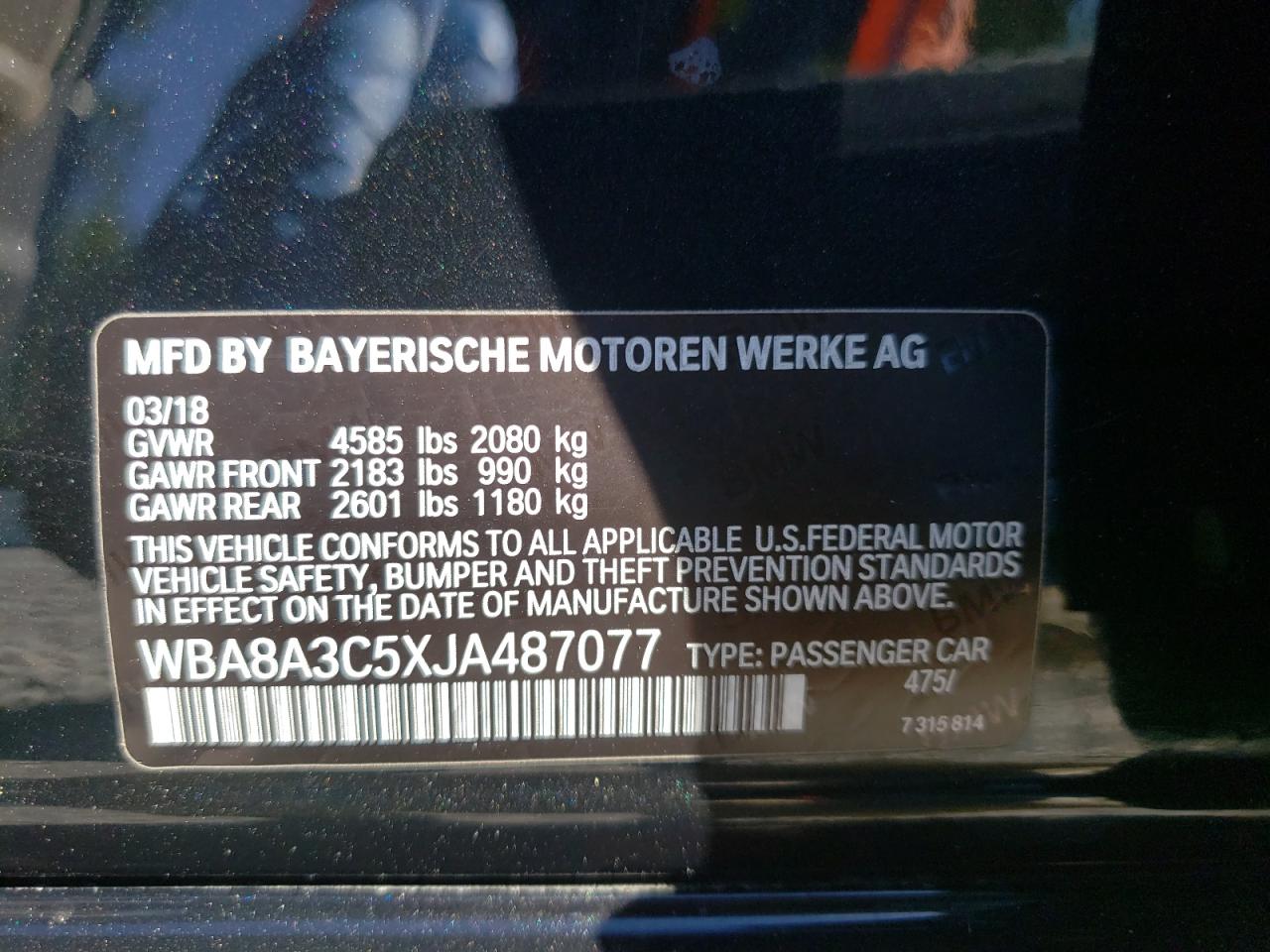 Photo 10 from auction – 2018 BMW 320 XI with VIN WBA8A3C5XJA487077