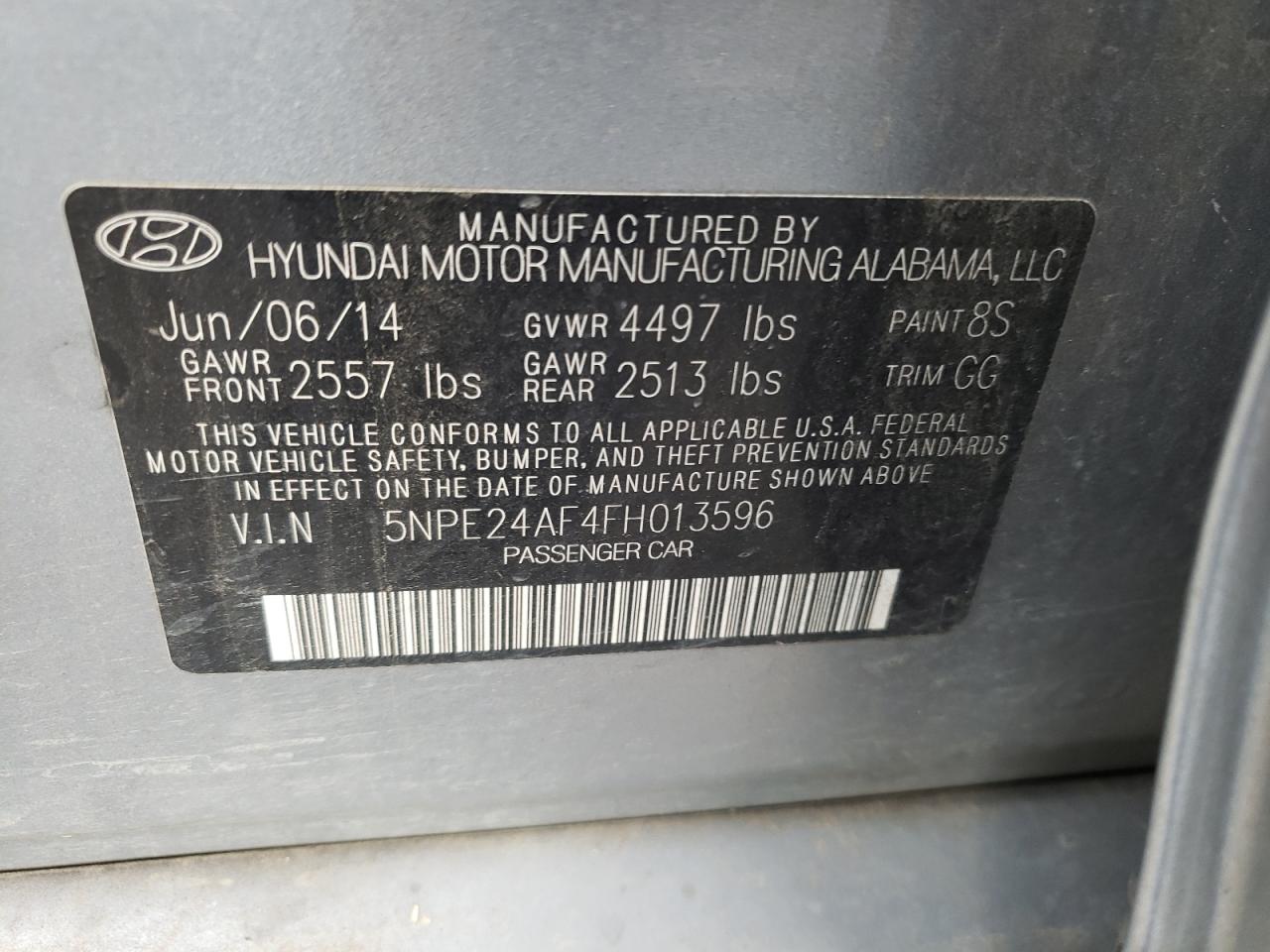 Photo 10 from auction – 2015 HYUNDAI SONATA SE with VIN 5NPE24AF4FH013596