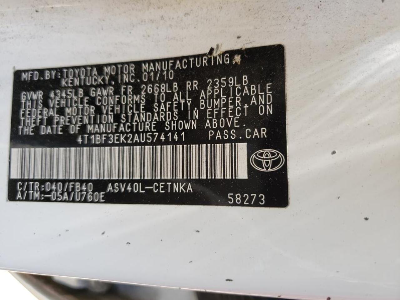 Photo 10 from auction – 2010 TOYOTA CAMRY BASE with VIN 4T1BF3EK2AU574141