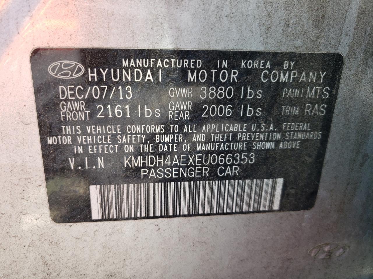 Photo 10 from auction – 2014 HYUNDAI ELANTRA SE with VIN KMHDH4AEXEU066353