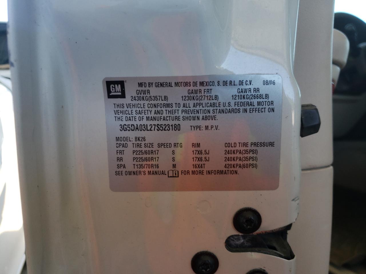 Photo 10 from auction – 2007 BUICK RENDEZVOUS with VIN 3G5DA03L27S523180