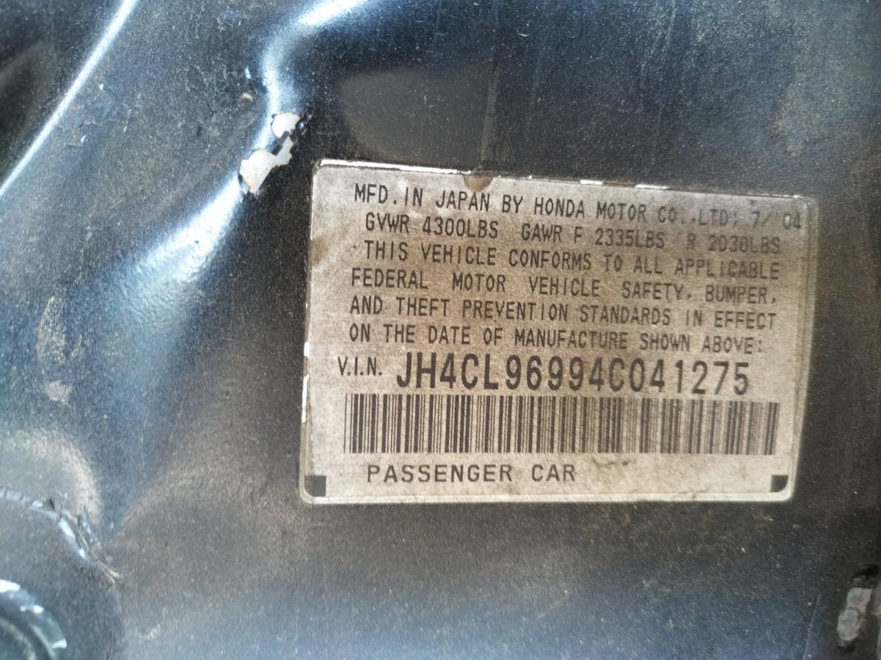 Photo 10 from auction – 2004 ACURA TSX with VIN JH4CL96994C041275