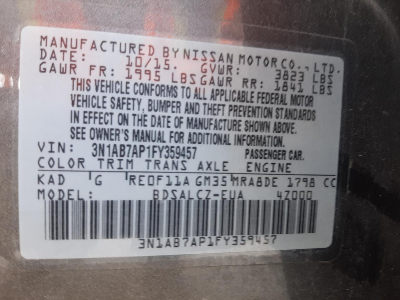 Photo 10 from auction – 2015 NISSAN SENTRA S with VIN 3N1AB7AP1FY359457