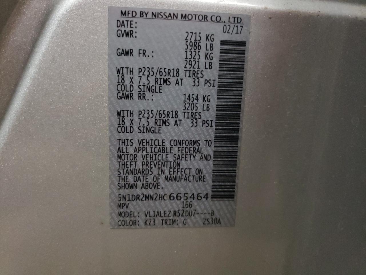 Photo 11 from auction – 2017 NISSAN PATHFINDER with VIN 5N1DR2MN2HC665464