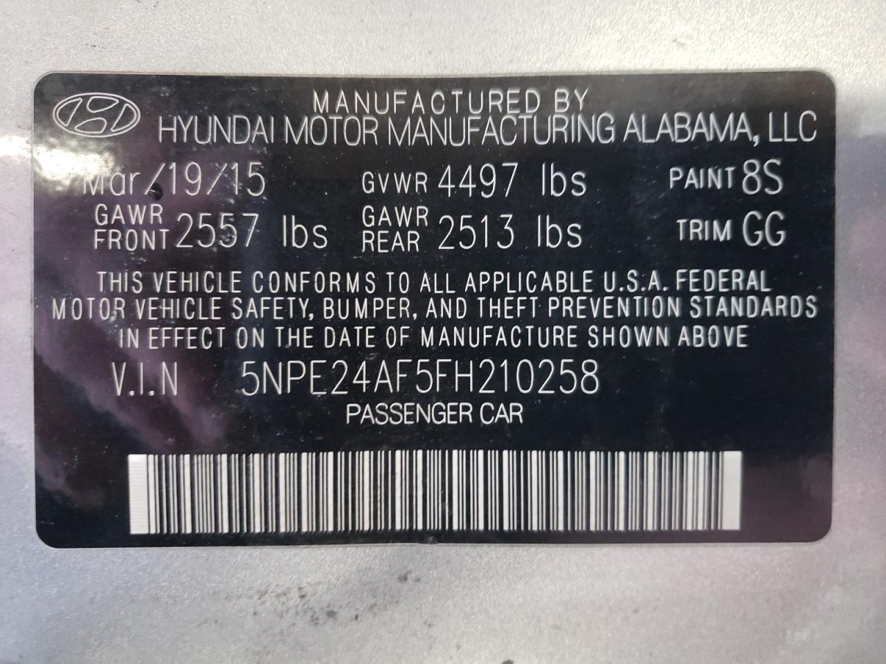 Photo 10 from auction – 2015 HYUNDAI SONATA SE with VIN 5NPE24AF5FH210258