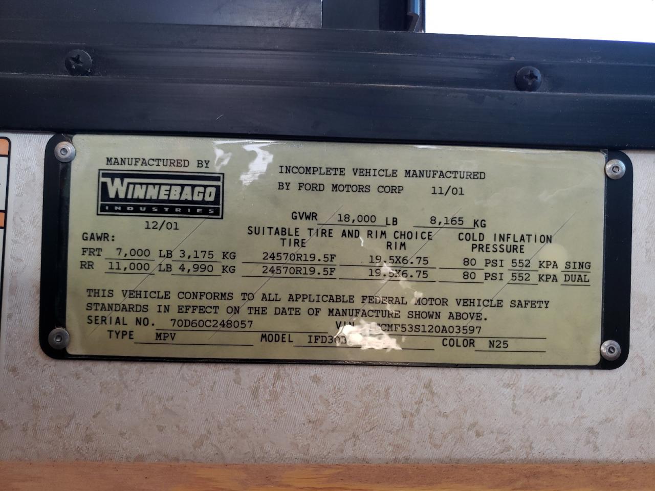 Photo 10 from auction – 2002 FORD ITASCA with VIN 1FCMF53S120A03597