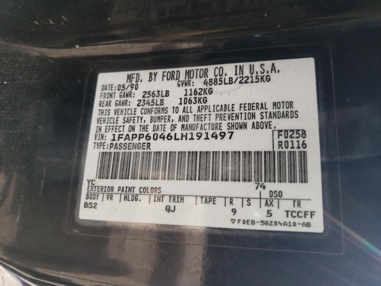 Photo 10 from auction – 1990 FORD THUNDERBIR with VIN 1FAPP6046LH191497