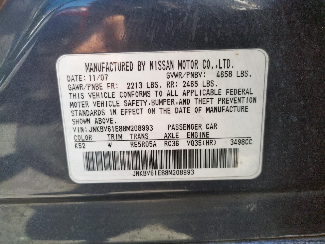 Photo 10 from auction – 2008 INFINITI G35 with VIN JNKBV61E88M208993