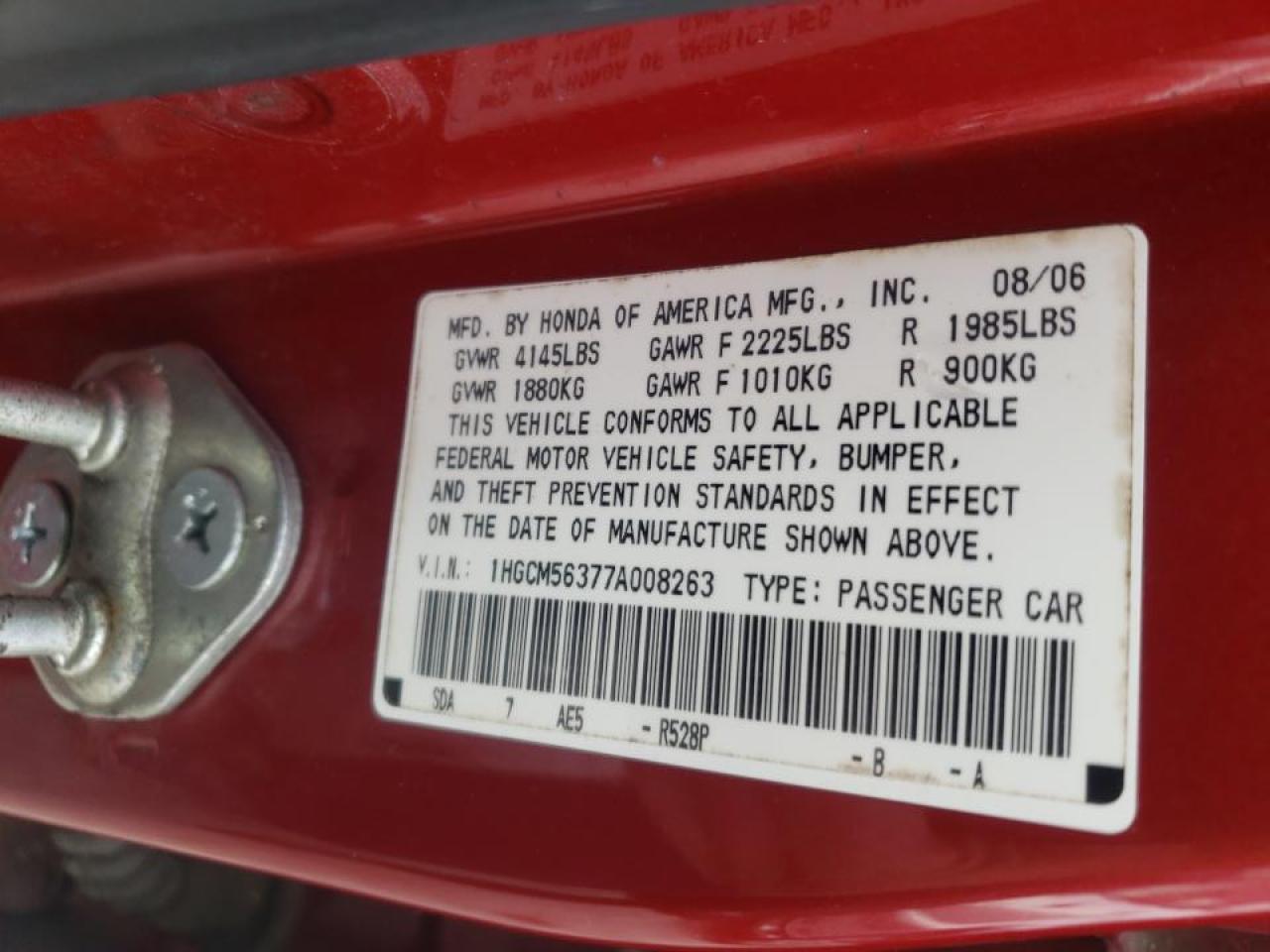 Photo 20 from auction – 2007 HONDA ACCORD SE with VIN 1HGCM56377A008263
