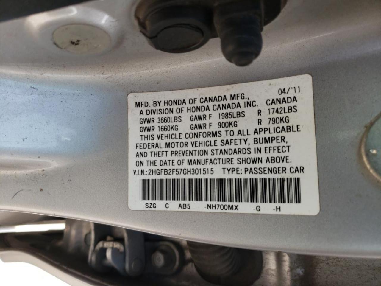 Photo 20 from auction – 2012 HONDA CIVIC LX with VIN 2HGFB2F57CH301515