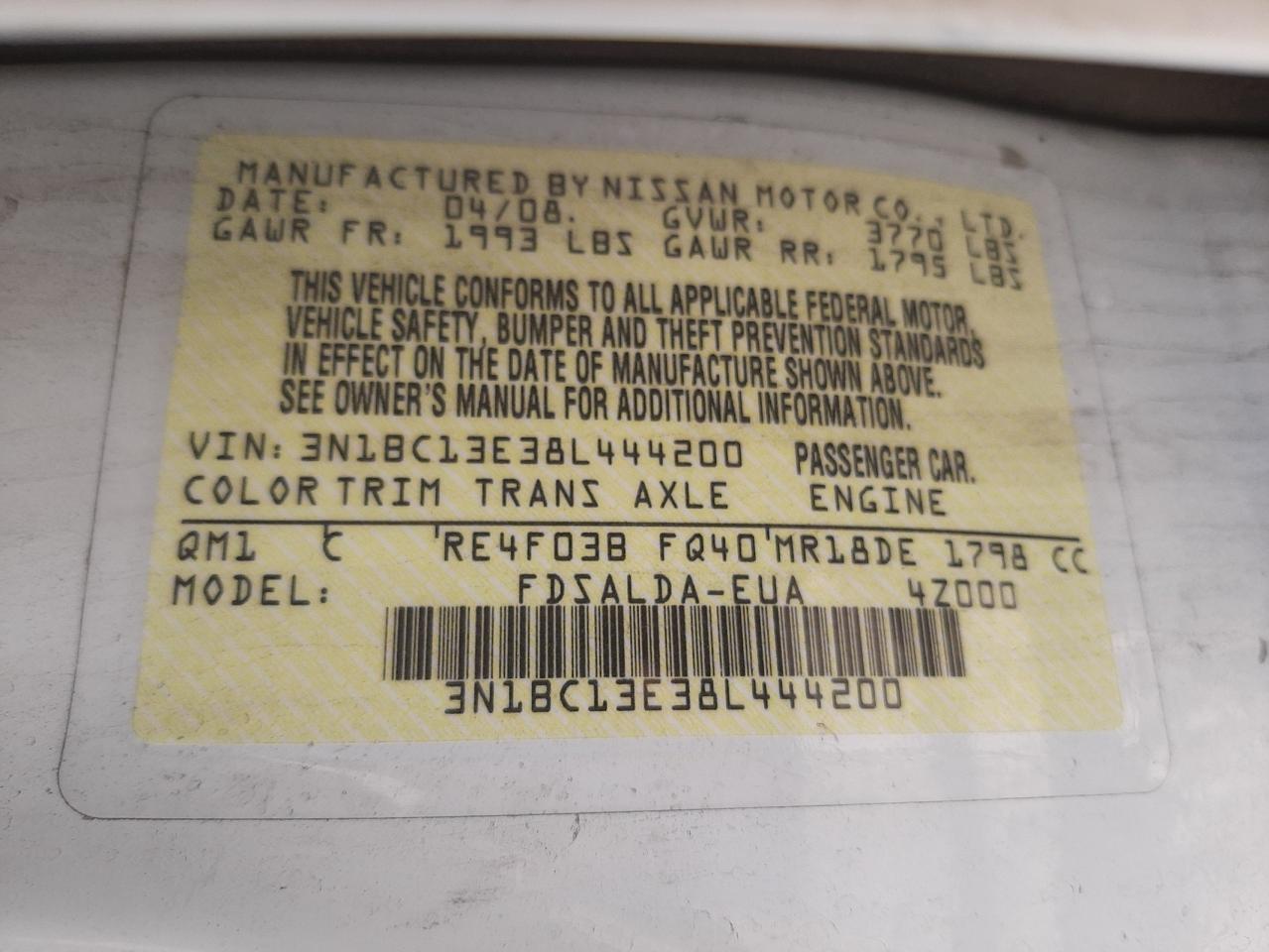 Photo 10 from auction – 2008 NISSAN VERSA S with VIN 3N1BC13E38L444200