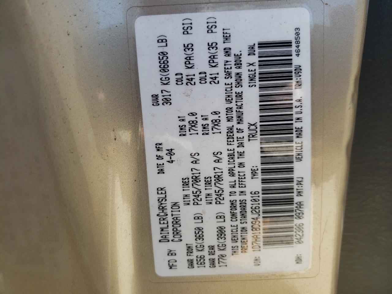 Photo 10 from auction – 2004 DODGE RAM 1500 S with VIN 1D7HA18D94J261016