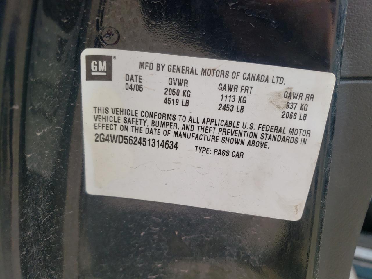 Photo 10 from auction – 2005 BUICK LACROSSE C with VIN 2G4WD562451314634