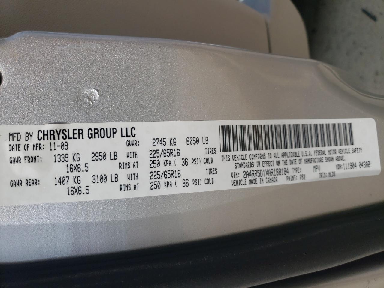Photo 10 from auction – 2010 CHRYSLER TOWN & COU with VIN 2A4RR5D1XAR188184