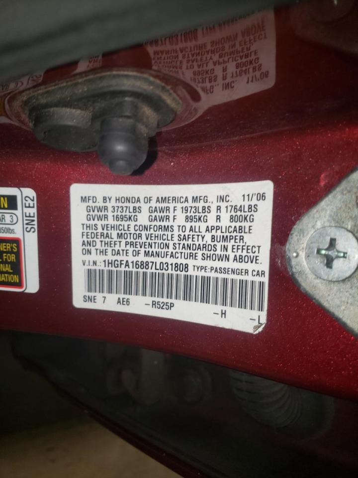 Photo 10 from auction – 2007 HONDA CIVIC EX with VIN 1HGFA16887L031808