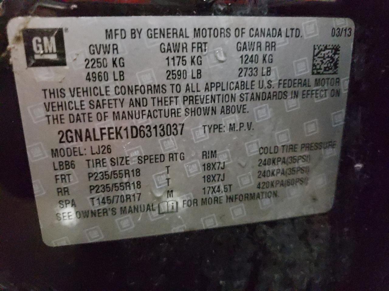 Photo 10 from auction – 2013 CHEVROLET EQUINOX LT with VIN 2GNALFEK1D6313037