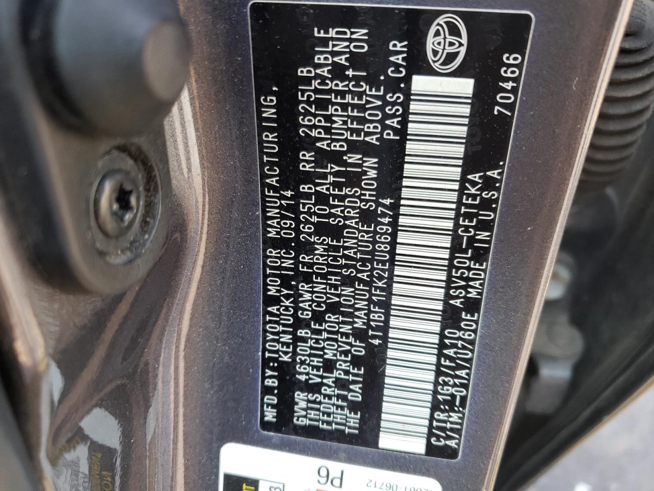 Photo 10 from auction – 2014 TOYOTA CAMRY L with VIN 4T1BF1FK2EU869474